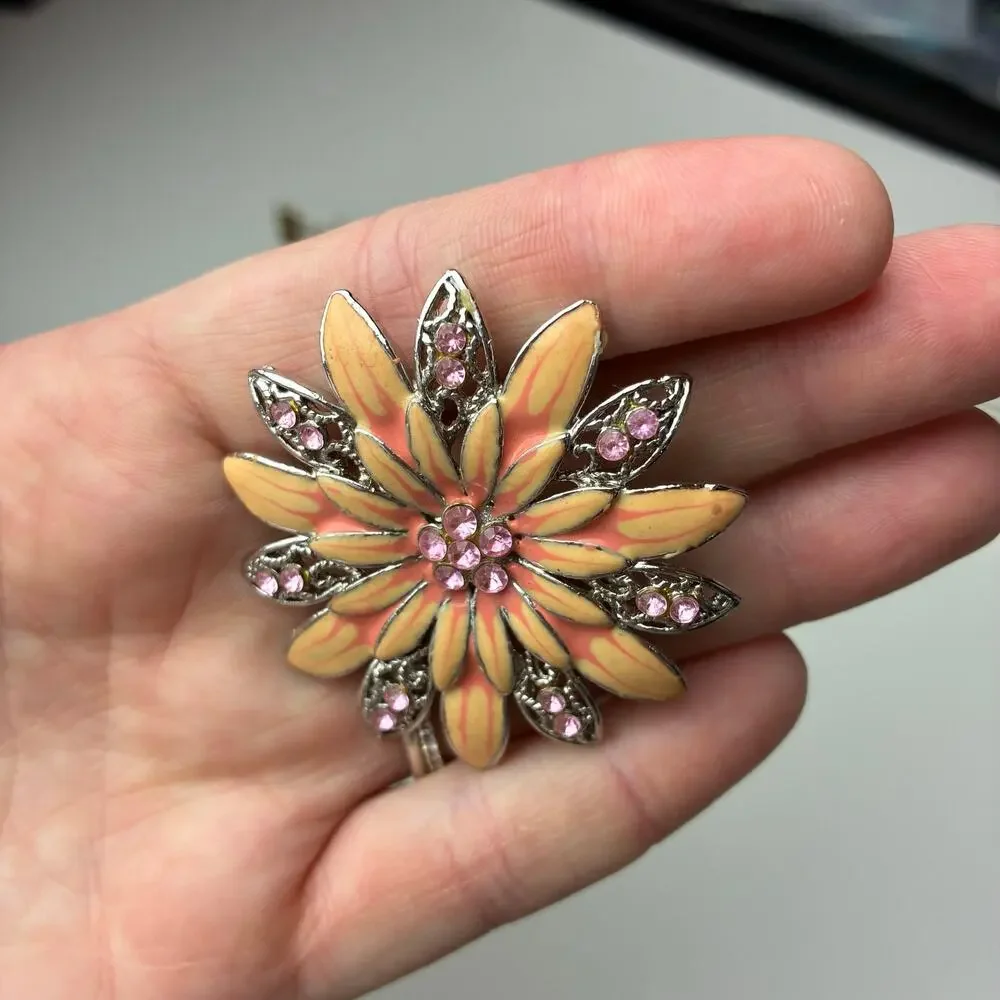 Vintage Flower Brooch Hair Clip Enameled Rhinestone Pink Orange Sparkle Feminine